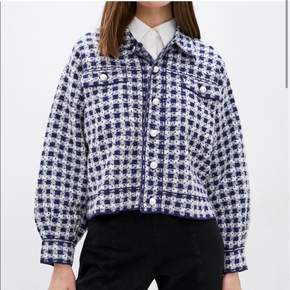 Sandro Blue White Checkered Tweed Jacket with Pearl Buttons